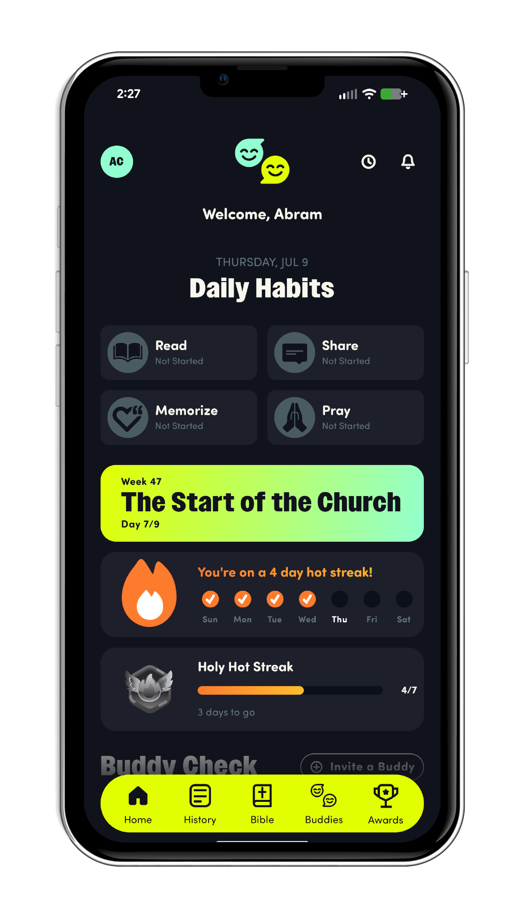 BuddyCheck home screen showing daily habits, a reading plan, a streak, and award progress